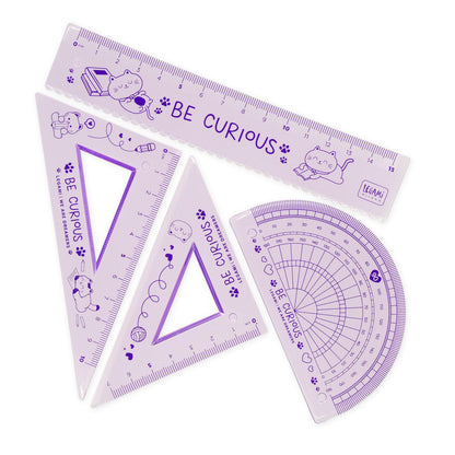 Legami - Geometry Set, Set with 15 cm Ruler, 60 ° Square 10 cm, 180° Protractor for School, Case Included, Flexible Material, Kitty Theme