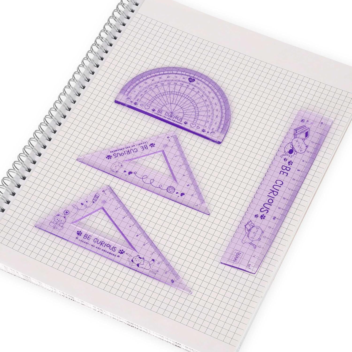 Legami - Geometry Set, Set with 15 cm Ruler, 60 ° Square 10 cm, 180° Protractor for School, Case Included, Flexible Material, Kitty Theme
