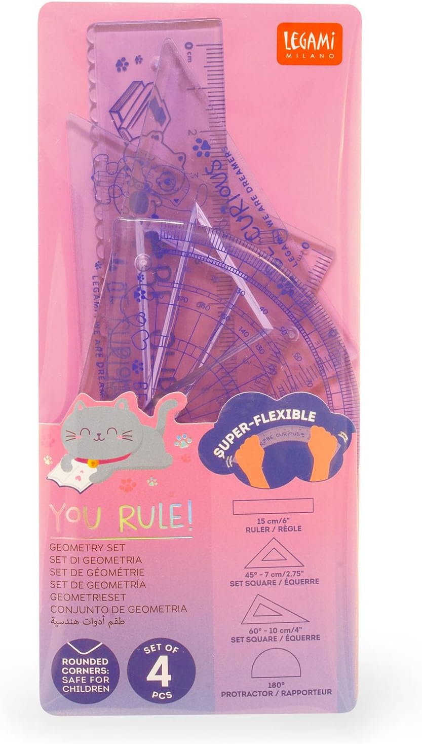 Legami - Geometry Set, Set with 15 cm Ruler, 60 ° Square 10 cm, 180° Protractor for School, Case Included, Flexible Material, Kitty Theme