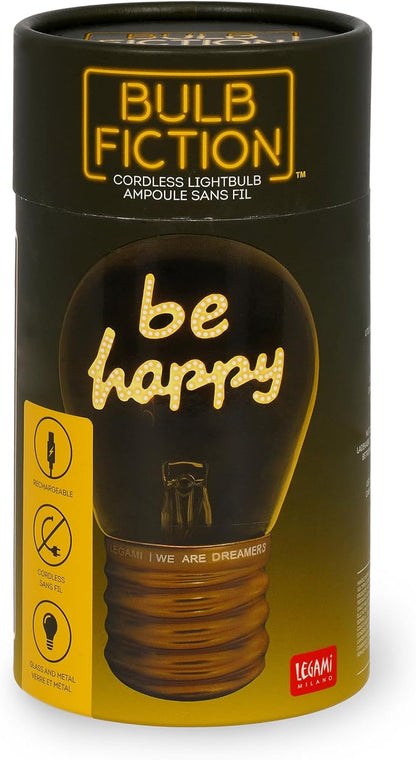 LEGAMI - Light Bulb Shaped Table Lamp, Rechargeable with USB Cable, Wireless, Bulbs Fiction, Be Happy Theme, 6.8 x 10.3 cm