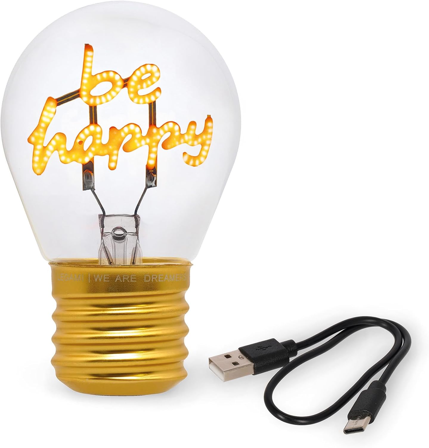 LEGAMI - Light Bulb Shaped Table Lamp, Rechargeable with USB Cable, Wireless, Bulbs Fiction, Be Happy Theme, 6.8 x 10.3 cm