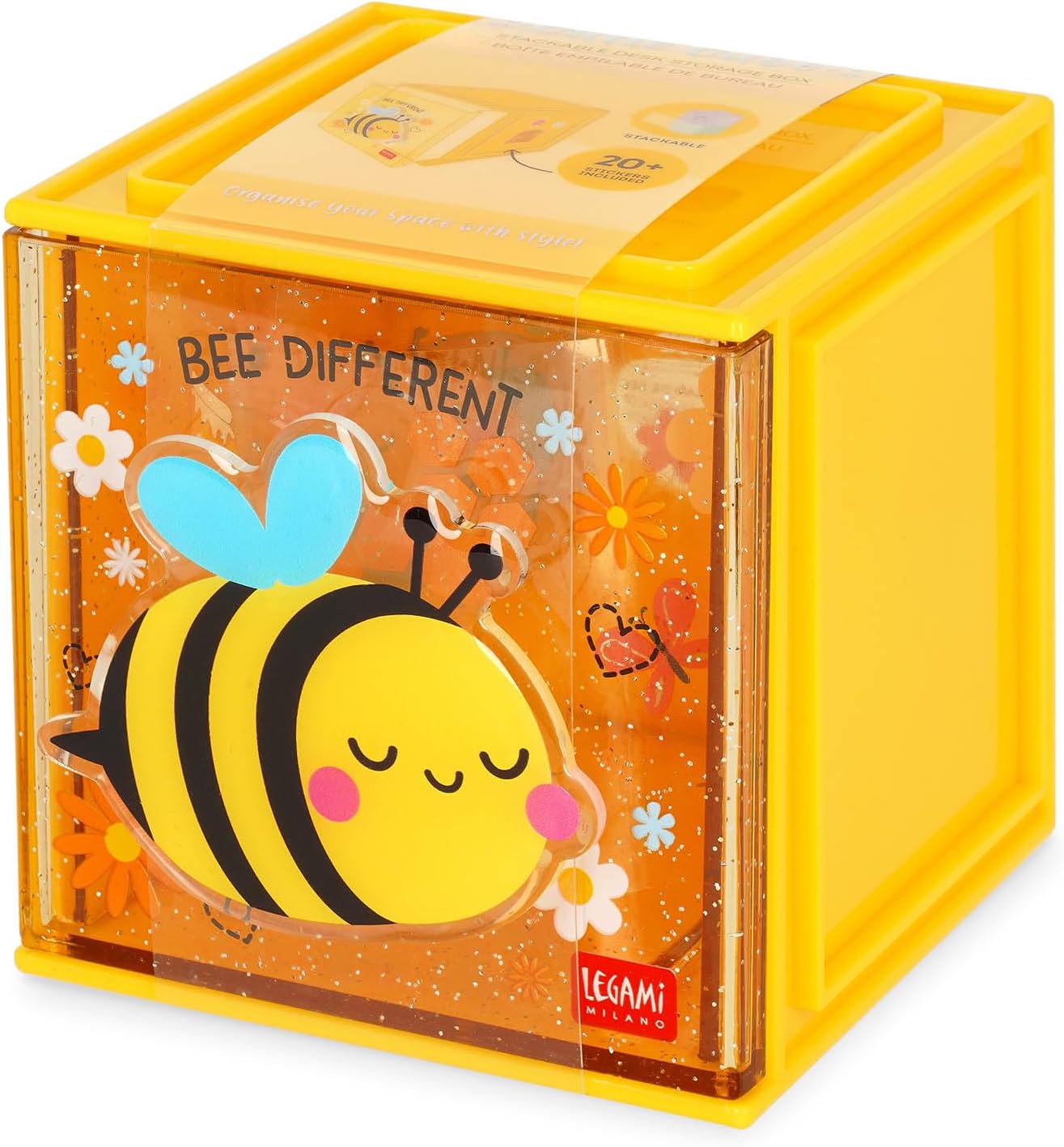 Legami - Cutie Cubes Desk Box, Bee Theme, Desk Organizer, Storage Box, Sticker Sheet Included, Stackable, Multifunctional, ABS, 90 x 90 x 100 cm