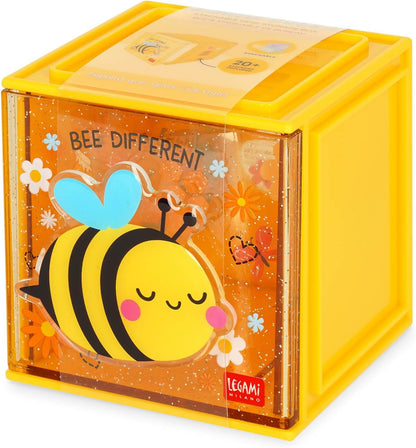 Legami - Cutie Cubes Desk Box, Bee Theme, Desk Organizer, Storage Box, Sticker Sheet Included, Stackable, Multifunctional, ABS, 90 x 90 x 100 cm