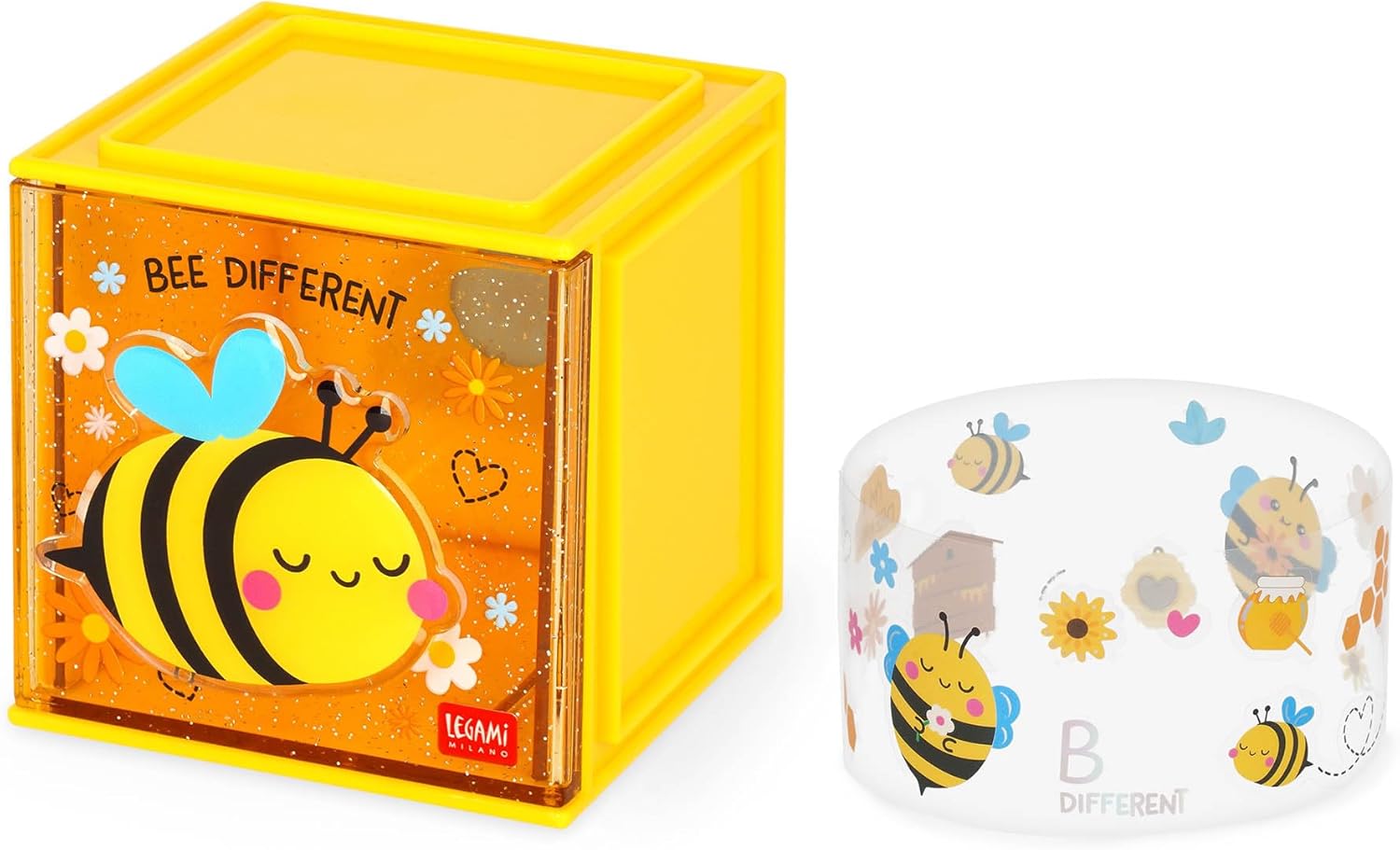 Legami - Cutie Cubes Desk Box, Bee Theme, Desk Organizer, Storage Box, Sticker Sheet Included, Stackable, Multifunctional, ABS, 90 x 90 x 100 cm