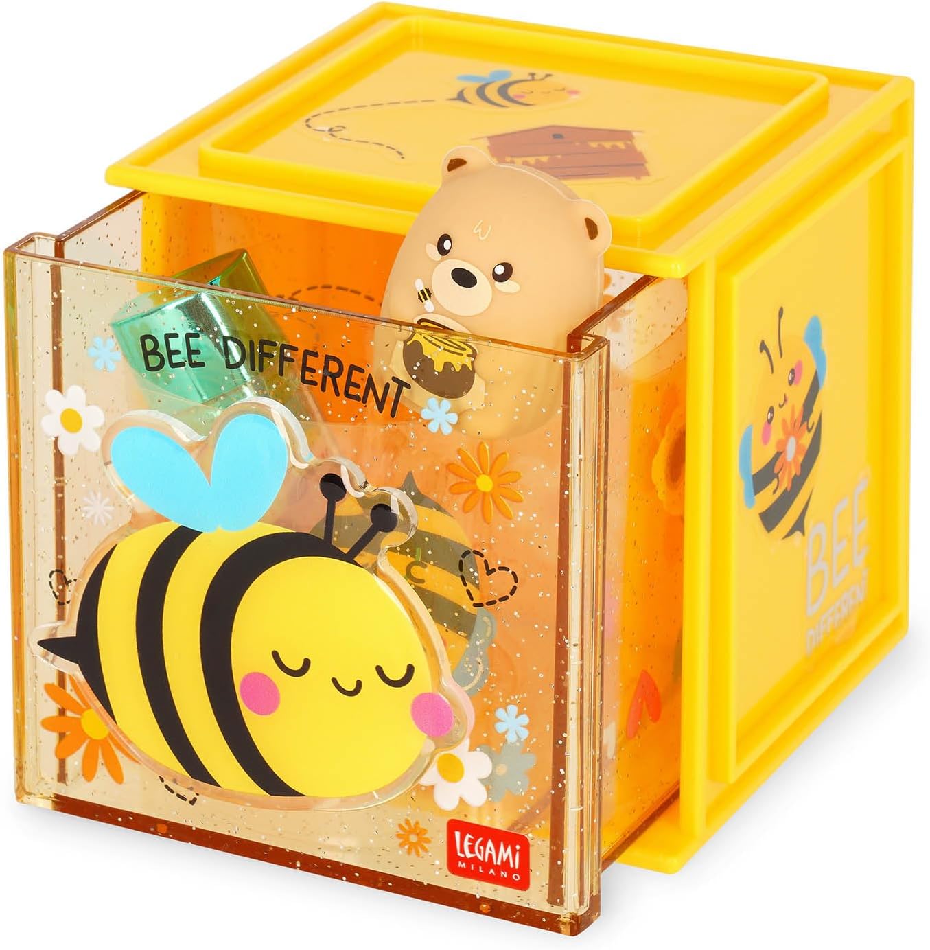 Legami - Cutie Cubes Desk Box, Bee Theme, Desk Organizer, Storage Box, Sticker Sheet Included, Stackable, Multifunctional, ABS, 90 x 90 x 100 cm