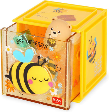 Legami - Cutie Cubes Desk Box, Bee Theme, Desk Organizer, Storage Box, Sticker Sheet Included, Stackable, Multifunctional, ABS, 90 x 90 x 100 cm
