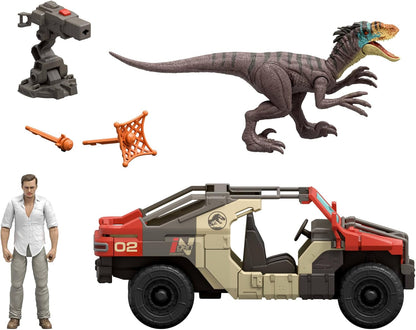 Mattel Jurassic World Rebirth Vehicle with 1 Human & 1 Dinosaur Figure, Launch ‘N Battle Truck, Martin Krebs Figure & Raptor, Turret & 2 Projectiles, JGB59