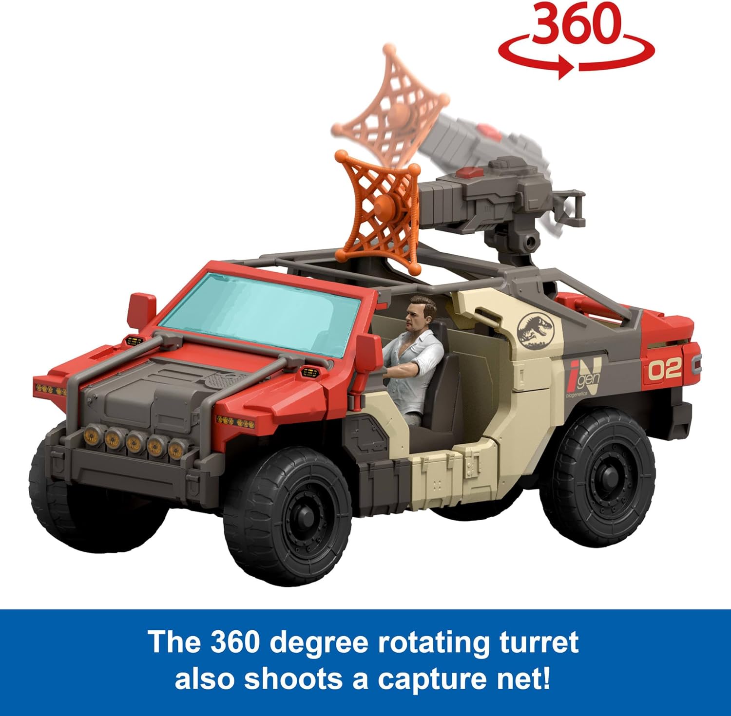 Mattel Jurassic World Rebirth Vehicle with 1 Human & 1 Dinosaur Figure, Launch ‘N Battle Truck, Martin Krebs Figure & Raptor, Turret & 2 Projectiles, JGB59