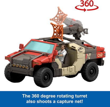 Mattel Jurassic World Rebirth Vehicle with 1 Human & 1 Dinosaur Figure, Launch ‘N Battle Truck, Martin Krebs Figure & Raptor, Turret & 2 Projectiles, JGB59