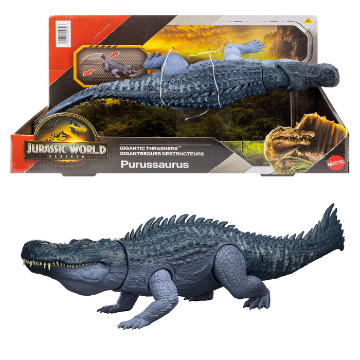 Mattel Jurassic World Rebirth Gigantic Thrashers Dinosaur Figure, Purussaurus Large Species Toy, 2 Rampage Attacks, Digital Play, JGB94