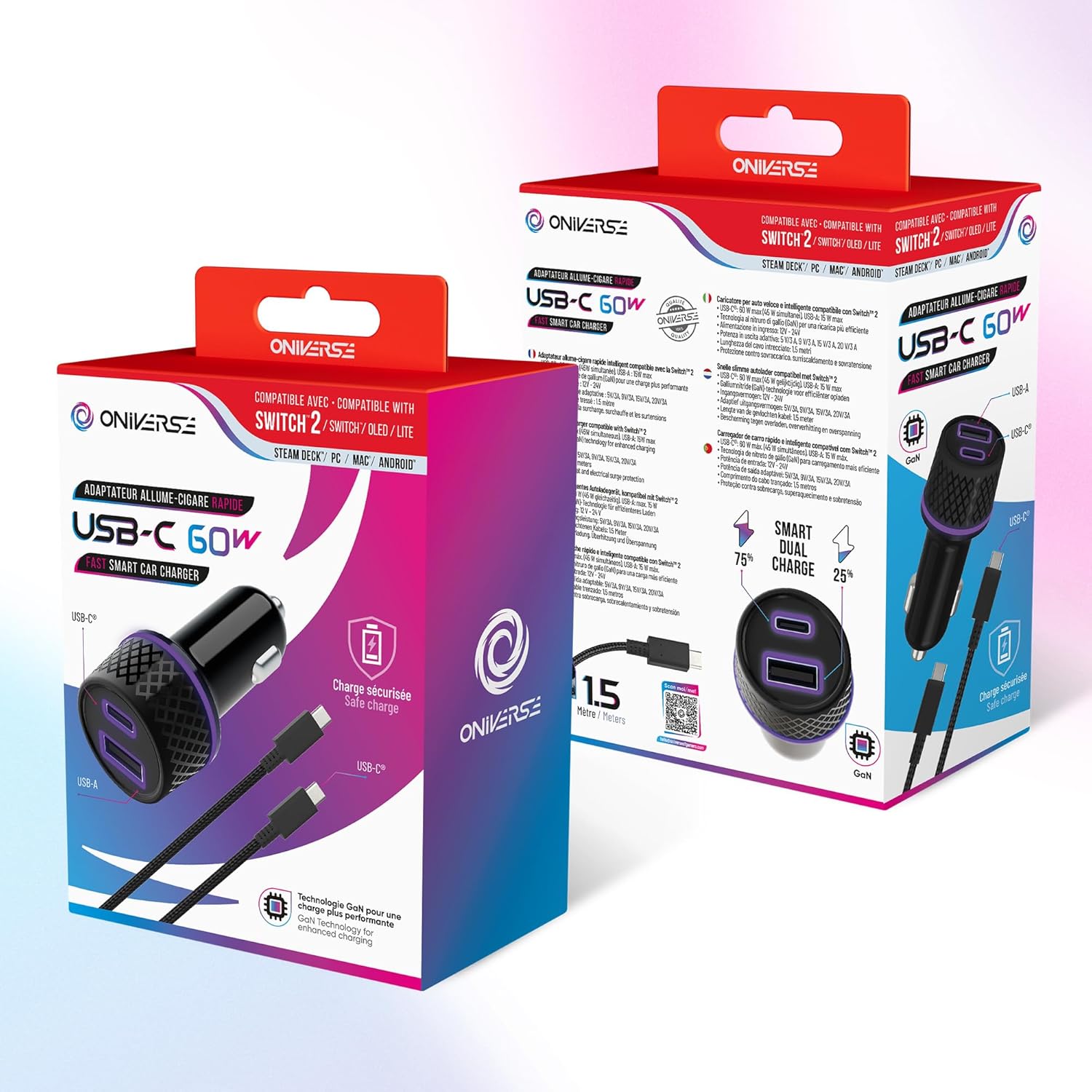Oniverse Cable Car Charger Adaptor 60W, 1.5 M - Black