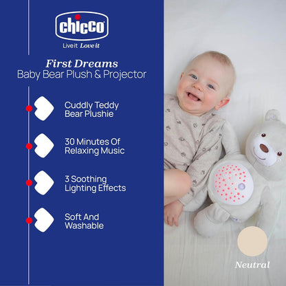 Chicco - First Dreams Teddybeer - Zachte Pluchen Knuffel met Nachtlampje - Lichteffecten en Muziek - Vanaf 0+ Maanden - Neutrale Kleur