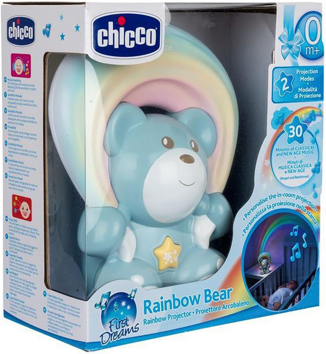Chicco Rainbow Bear Muziekprojector, nachtlampje voor kinderen en baby's, beer met ontspannende muziek en regenboogprojectie in verstelbare breedte en richting, spelletjes voor pasgeborenen vanaf 0