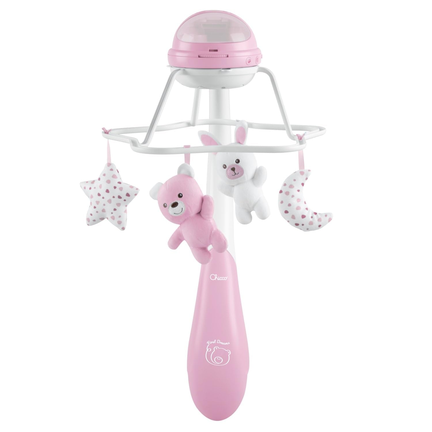CHICCO First Dreams Rainbow Musical Carrousel, 3-in-1 pasgeborenen carrousel met rustgevende melodieën en regenboogprojectie, met 4 zachte hangers, compatibel met Next2Me wegen, 0 maanden+, roze