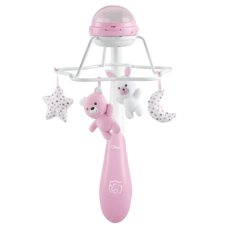 CHICCO First Dreams Rainbow Musical Carrousel, 3-in-1 pasgeborenen carrousel met rustgevende melodieën en regenboogprojectie, met 4 zachte hangers, compatibel met Next2Me wegen, 0 maanden+, roze