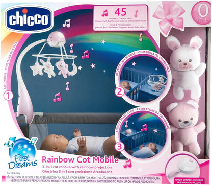 CHICCO First Dreams Rainbow Musical Carrousel, 3-in-1 pasgeborenen carrousel met rustgevende melodieën en regenboogprojectie, met 4 zachte hangers, compatibel met Next2Me wegen, 0 maanden+, roze