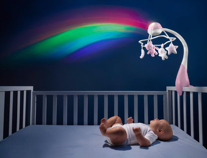 CHICCO First Dreams Rainbow Musical Carrousel, 3-in-1 pasgeborenen carrousel met rustgevende melodieën en regenboogprojectie, met 4 zachte hangers, compatibel met Next2Me wegen, 0 maanden+, roze