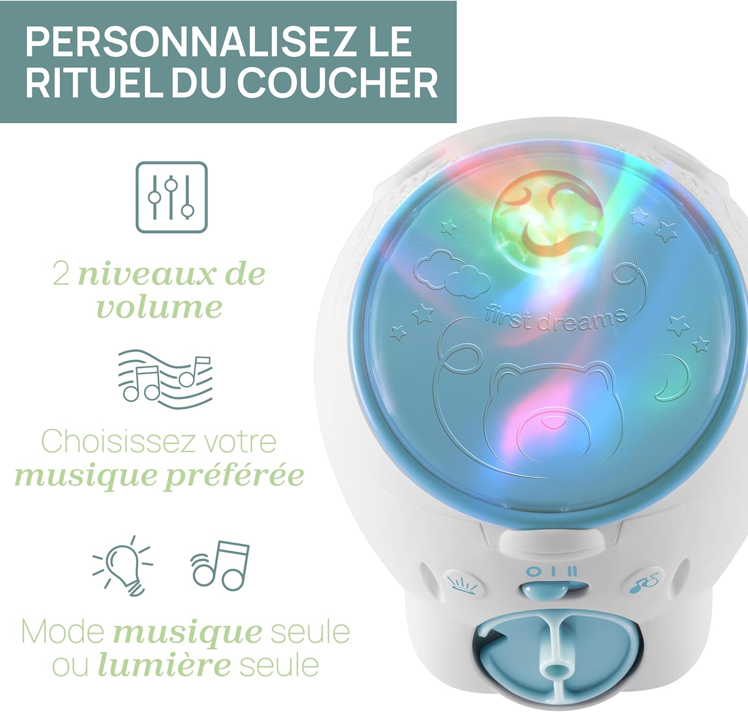 Chicco First Dreams IJsbeer Projector, 2in1 Wieg en Nachtkastje Projector, Nachtlampje voor kinderen, Noorderlicht Projectie, Ontspannende Klassieke Muziek en Natuurgeluiden, Babyspeelgoed, 0 Maanden+