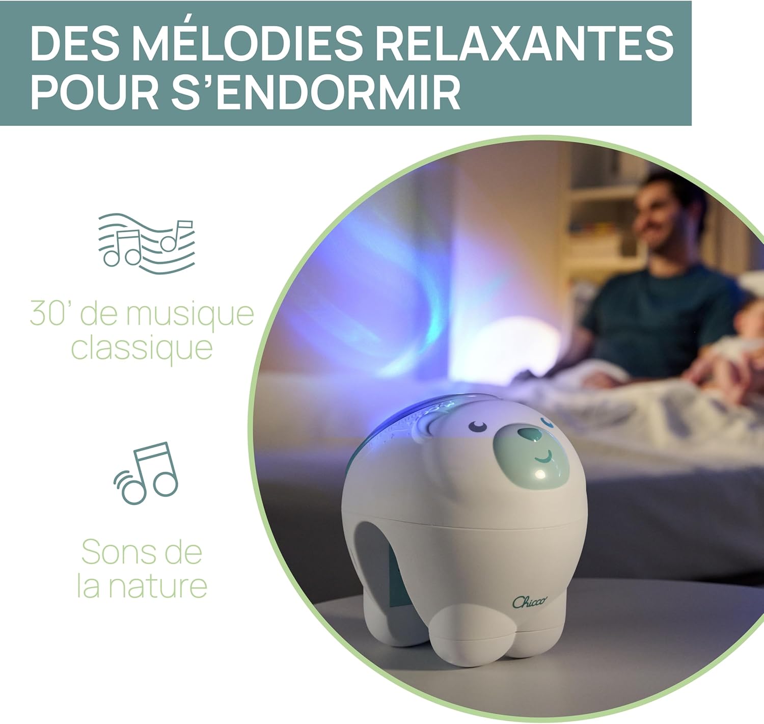 Chicco First Dreams IJsbeer Projector, 2in1 Wieg en Nachtkastje Projector, Nachtlampje voor kinderen, Noorderlicht Projectie, Ontspannende Klassieke Muziek en Natuurgeluiden, Babyspeelgoed, 0 Maanden+