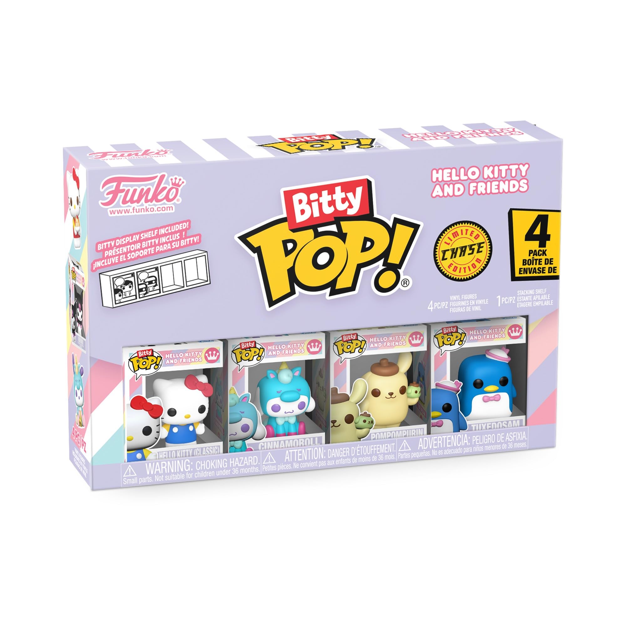 Funko Bitty Pop! Hello Kitty - 4 Pack - 1/6 Odds for Rare Chase Variant and A Surprise Mystery Mini Figure - 0.9 Inch (2.2 Cm) Collectable - Stackable Display Shelf Included