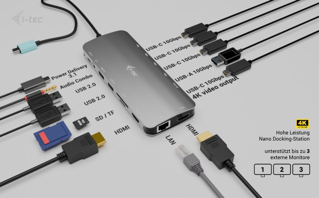 i-tec USB-C 4K Metal Nano Dock - 2x HDMI, 4x USB-C (10Gbps), 1x USB-A (10Gbps), 2x USB-A 2.0, Audio, SD/TF, LAN 1 Gbps, PD 3.1 (140W