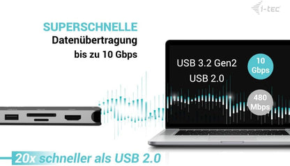 i-tec USB-C 4K Metal Nano Dock - 2x HDMI, 4x USB-C (10Gbps), 1x USB-A (10Gbps), 2x USB-A 2.0, Audio, SD/TF, LAN 1 Gbps, PD 3.1 (140W