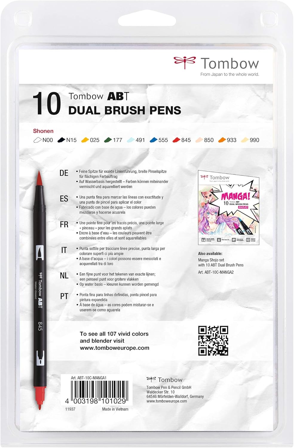Tombow ABT-10C-MANGA1 viltstift, Dual Brush Pen met twee punten, 10-delige manga-set Shonen