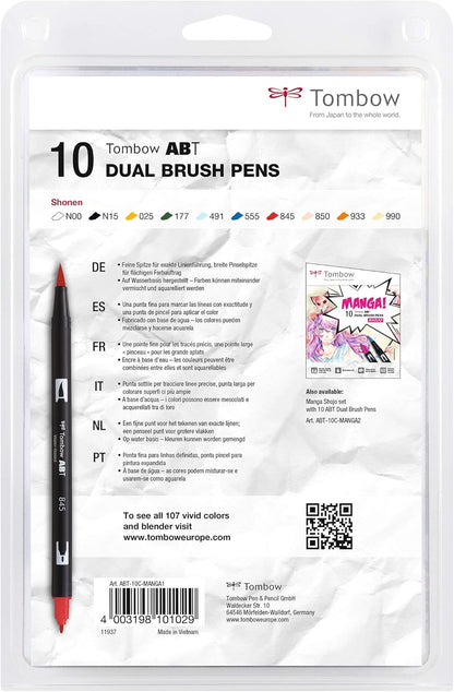 Tombow ABT-10C-MANGA1 viltstift, Dual Brush Pen met twee punten, 10-delige manga-set Shonen