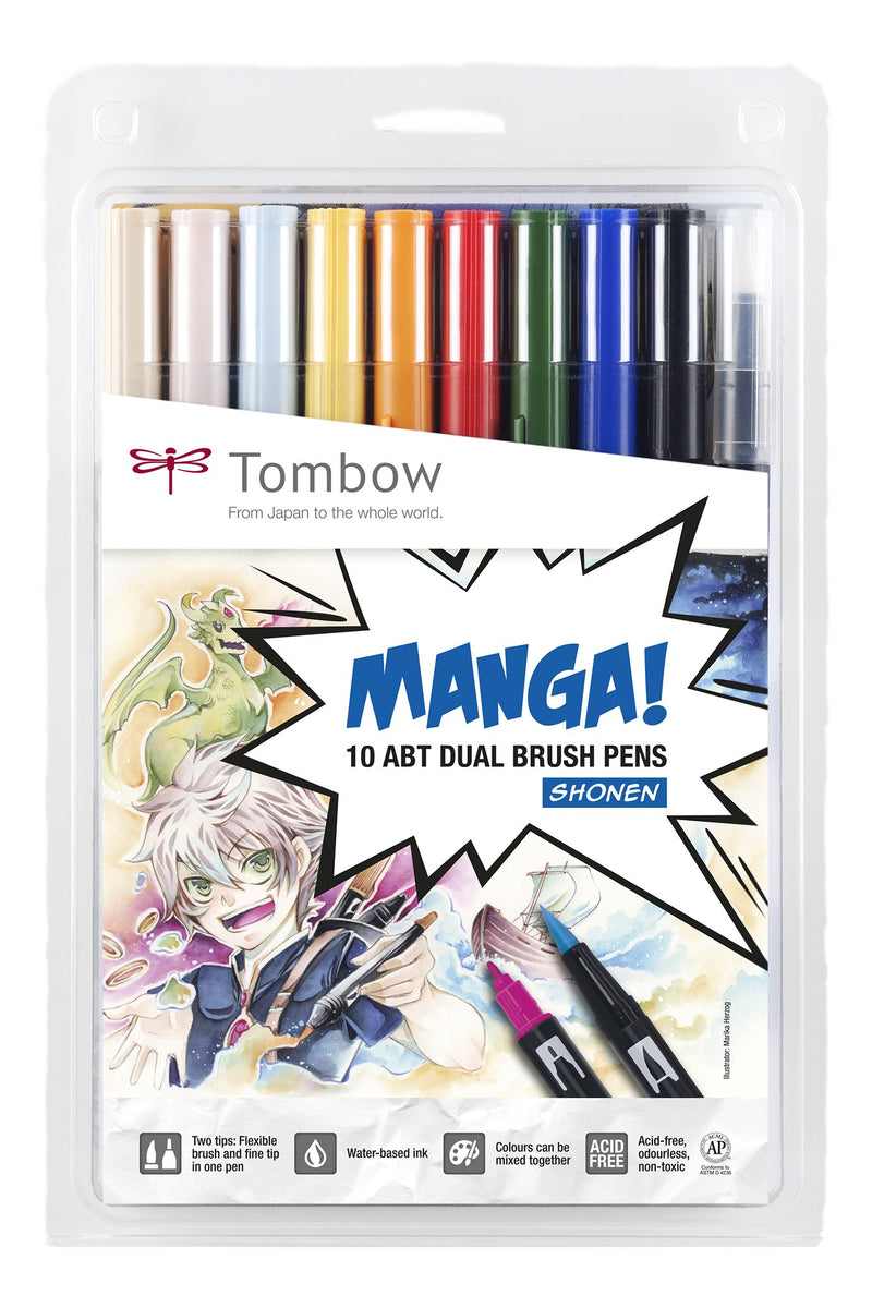 Tombow ABT-10C-MANGA1 viltstift, Dual Brush Pen met twee punten, 10-delige manga-set Shonen