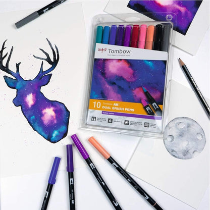 Tombow ABT Dual Brush Pen, set of 10 Galaxy Colors, pen with two tips, perfect for hand lettering and bullet journaling, water-soluble