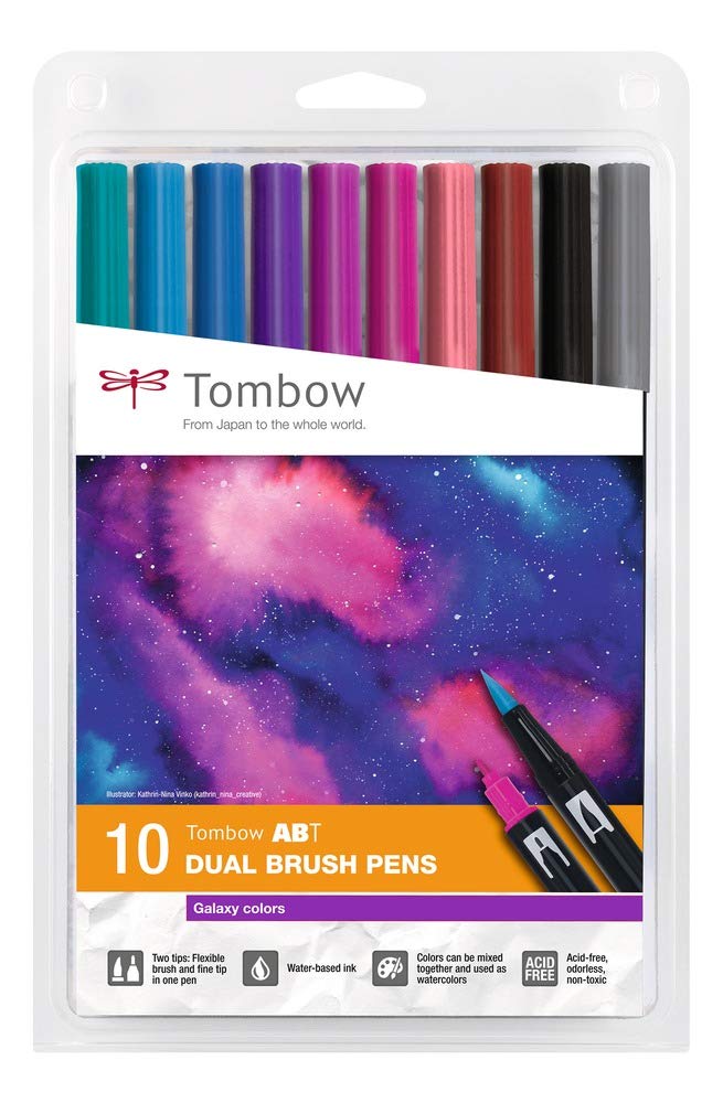 Tombow ABT Dual Brush Pen, set of 10 Galaxy Colors, pen with two tips, perfect for hand lettering and bullet journaling, water-soluble