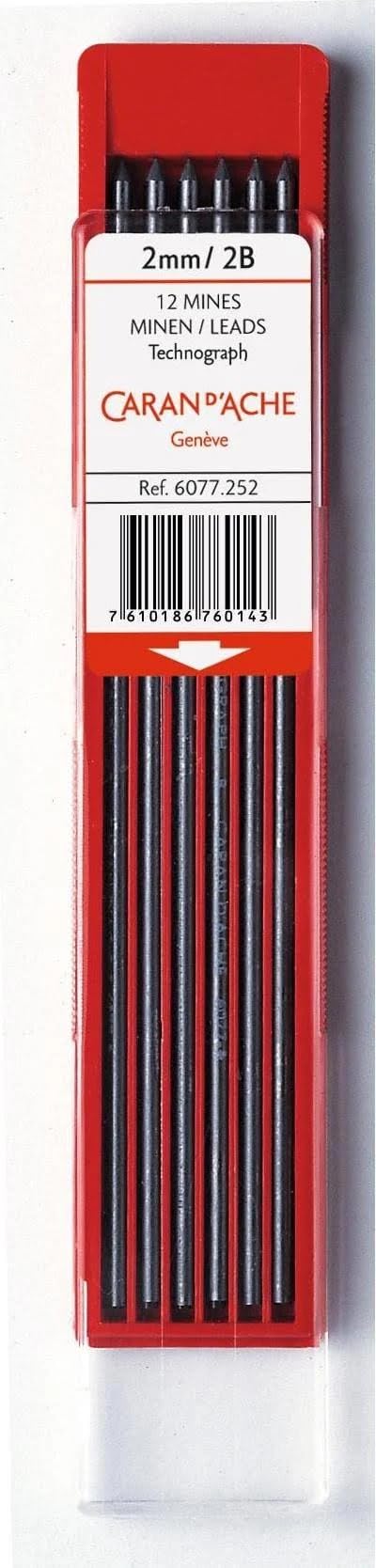 Caran d'Ache 6077.252 Technograph Graphite Leads - 2B - Pack of 12 - Diameter 2 mm, Black