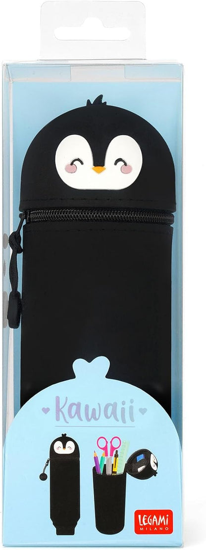 Legami - Kawaii School Pencil Case 2 in 1 Soft Silicone, Table Pen Holder, Zipper Closure, Crayon Pens Marker, H 18.5 cm