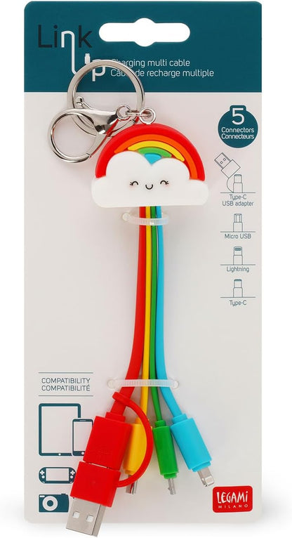 LEGAMI Rainbow Theme Multiple Link Up Charging Cable with Keychain, 4-in-1, Type-C, Micro-USB, Lightning, Magnetic, Compatible with Smartphone, Tablet, Laptop