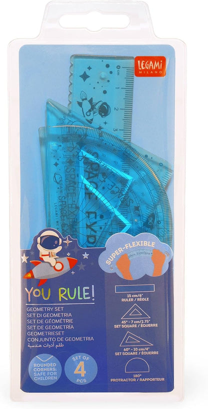 Legami - Geometry Set with Ruler 15 cm, 60° Set Square 10 cm, Protractor 180° for School, Includes Bag, Flexible Material, Space Theme