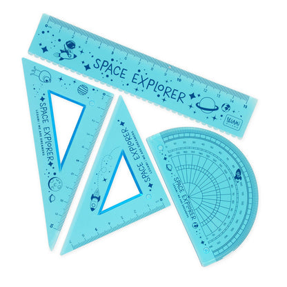 Legami - Geometry Set with Ruler 15 cm, 60° Set Square 10 cm, Protractor 180° for School, Includes Bag, Flexible Material, Space Theme