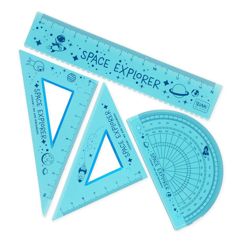 Legami - Geometry Set with Ruler 15 cm, 60° Set Square 10 cm, Protractor 180° for School, Includes Bag, Flexible Material, Space Theme