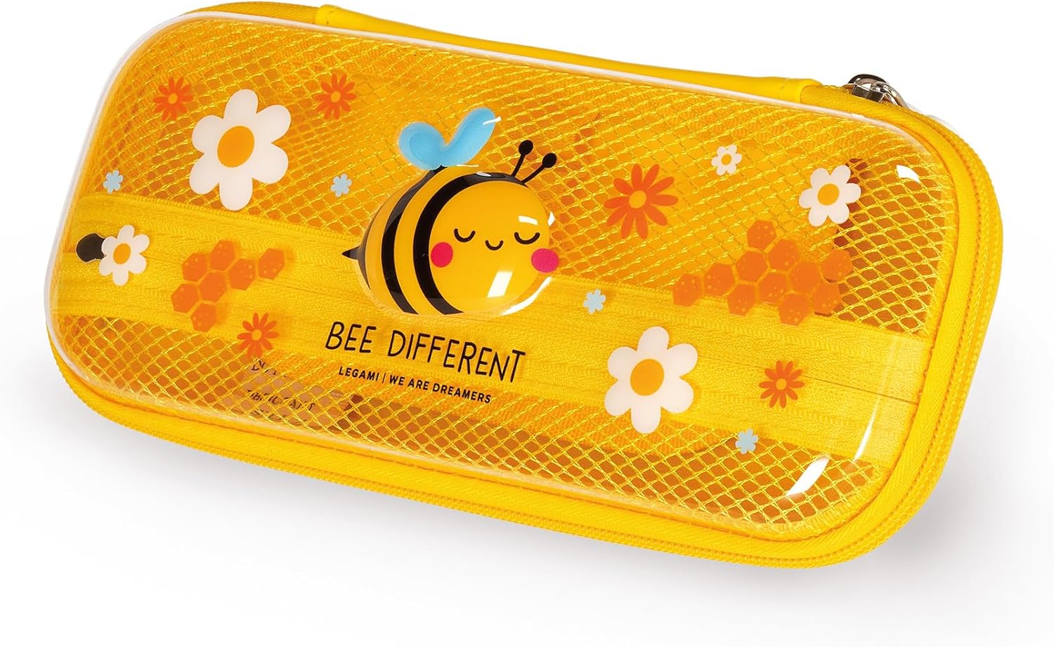 Legami - Wonderwow Bee Theme Pencil Case, 2 Compartments and Inner Pen Holder, Inner Compartment with Mesh Fabric, Zip Closure, 23 x 11 x 5 cm