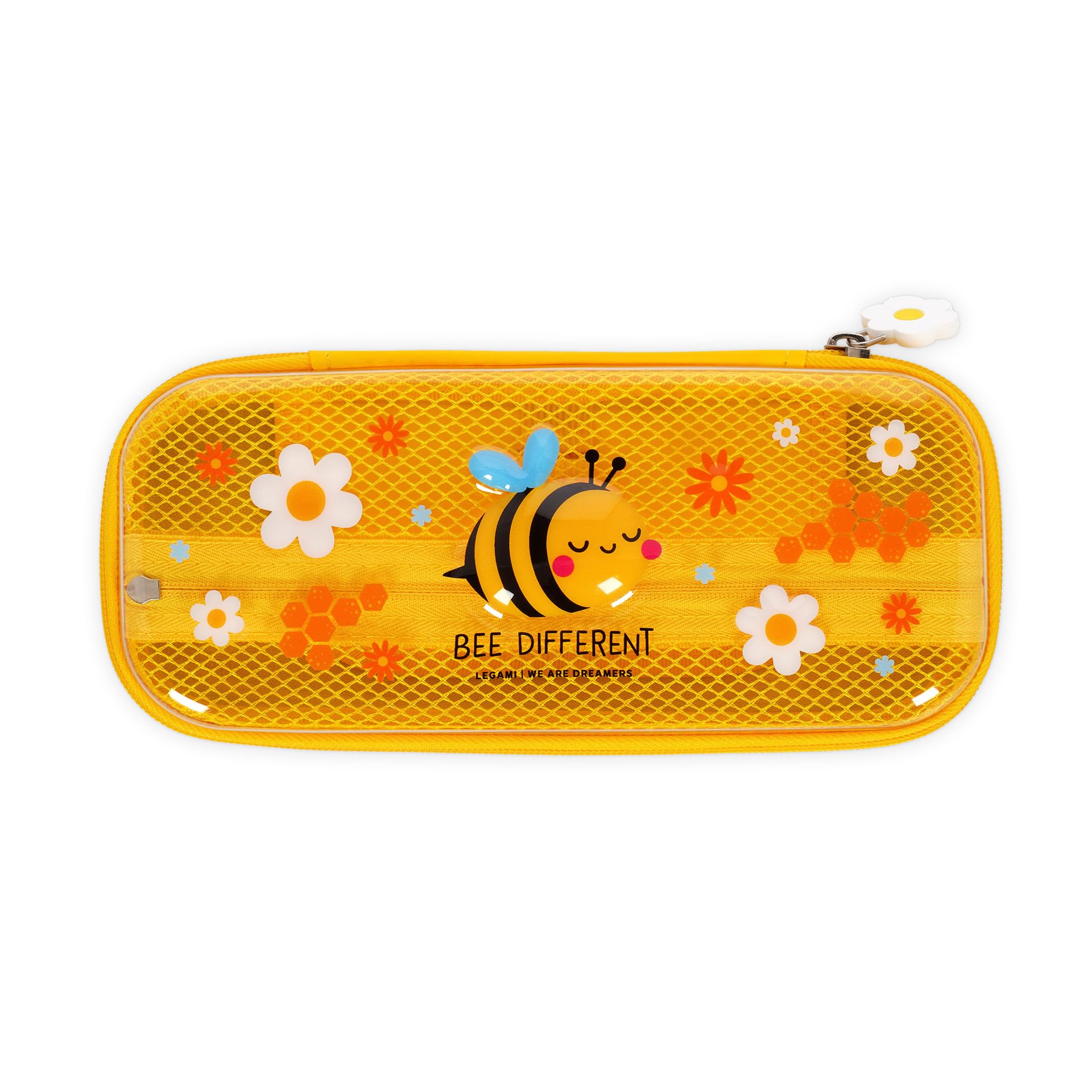 Legami - Wonderwow Bee Theme Pencil Case, 2 Compartments and Inner Pen Holder, Inner Compartment with Mesh Fabric, Zip Closure, 23 x 11 x 5 cm
