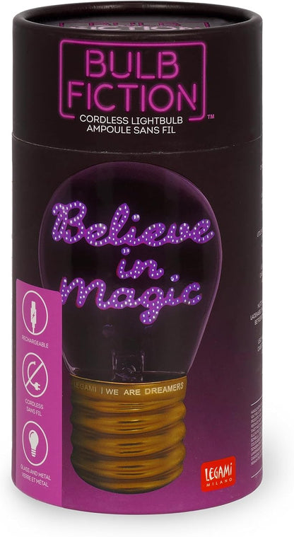 Legami - Table Lamp in The Shape of a Bulb, Rechargeable with USB Cable, Wireless, Bulb Fiction, Theme Believe in Magic, 6.8 x 10.5 cm