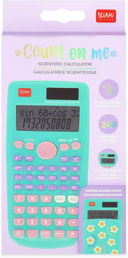 Legami - Count On Me Scientific Calculator, Daisy Theme, 3 Modes, Base, Scientific Functions and Statistical Calculations, Sliding Cover, Digital, Dual Power