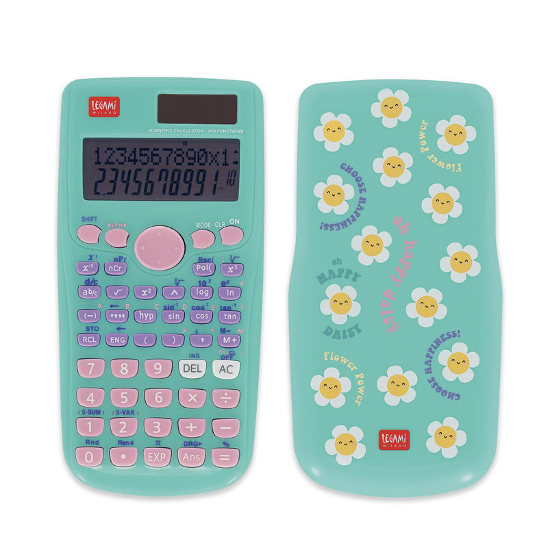Legami - Count On Me Scientific Calculator, Daisy Theme, 3 Modes, Base, Scientific Functions and Statistical Calculations, Sliding Cover, Digital, Dual Power