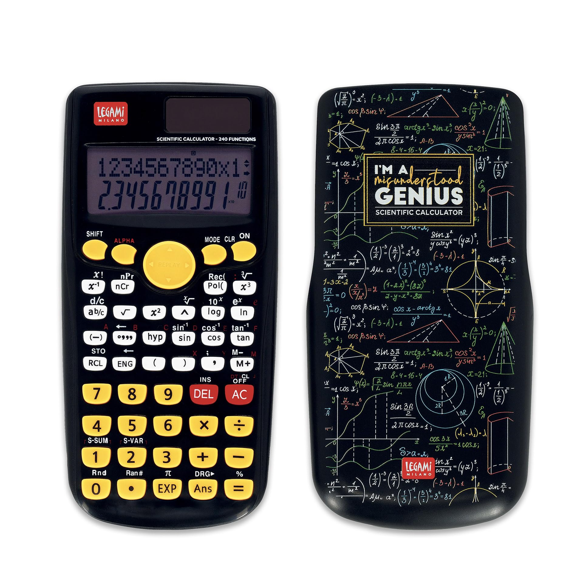 Legami - Count On Me Scientific Calculator, Genius Theme, 3 Modes, Base, Scientific Functions and Statistical Calculations, Sliding Cover, Digital, Dual Power