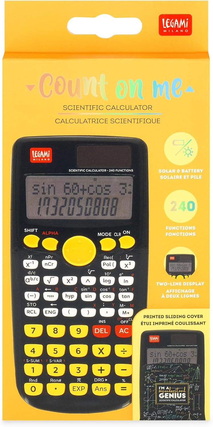 Legami - Count On Me Scientific Calculator, Genius Theme, 3 Modes, Base, Scientific Functions and Statistical Calculations, Sliding Cover, Digital, Dual Power