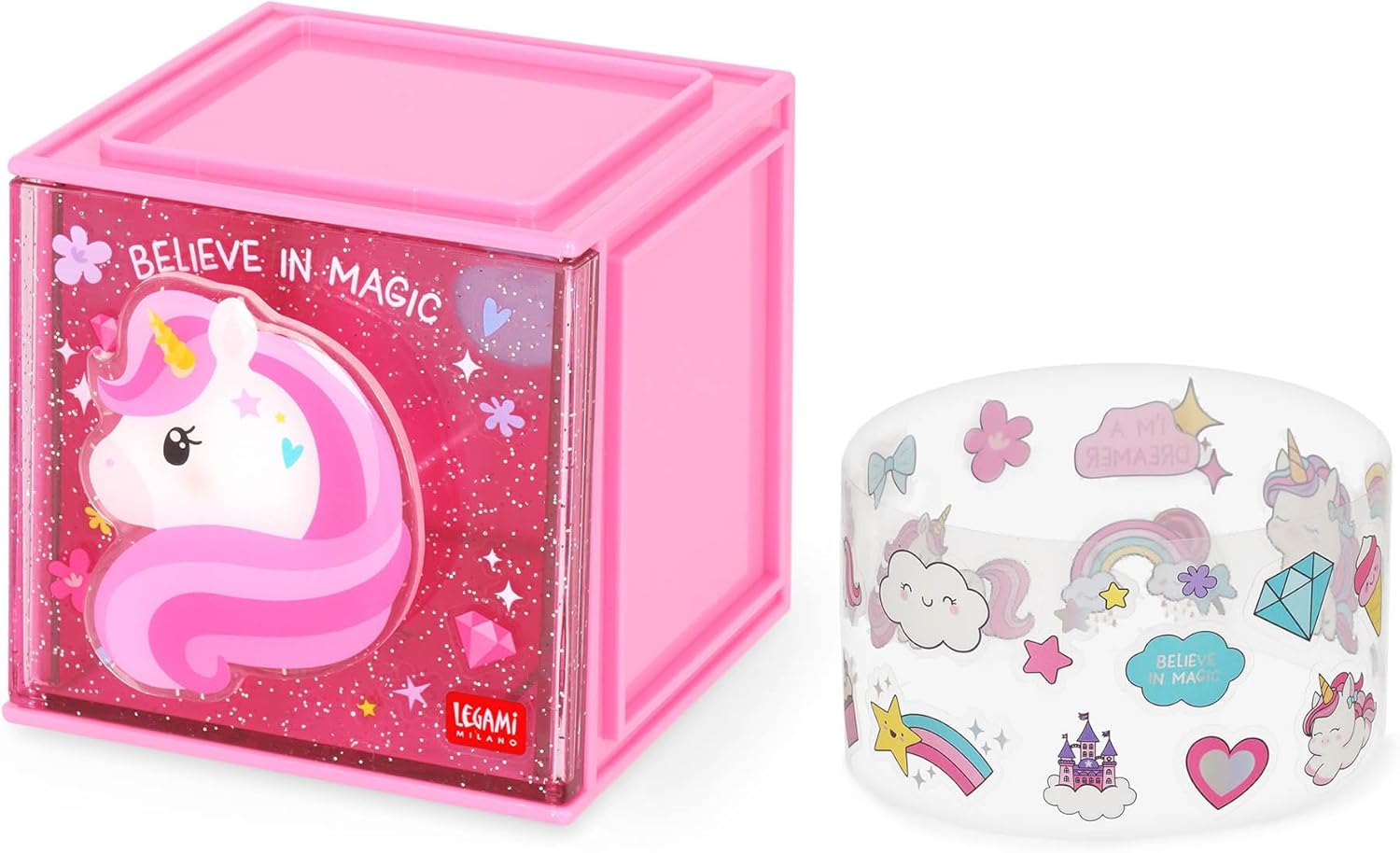 Legami - Cutie Cubes Desk Modular Box, Unicorn Theme, Desk Organizer, Storage Box, Sticker Sheet Included, Stackable, Multifunctional, ABS, 90 x 90 x 100 cm