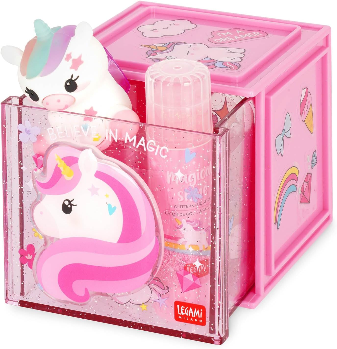 Legami - Cutie Cubes Desk Modular Box, Unicorn Theme, Desk Organizer, Storage Box, Sticker Sheet Included, Stackable, Multifunctional, ABS, 90 x 90 x 100 cm