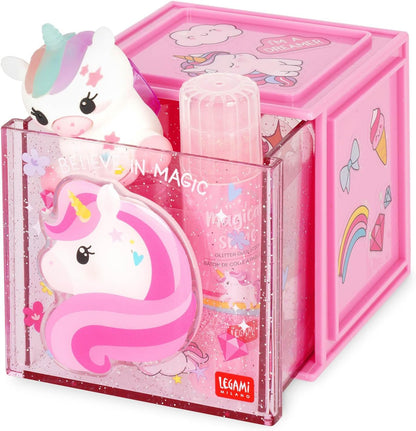 Legami - Cutie Cubes Desk Modular Box, Unicorn Theme, Desk Organizer, Storage Box, Sticker Sheet Included, Stackable, Multifunctional, ABS, 90 x 90 x 100 cm