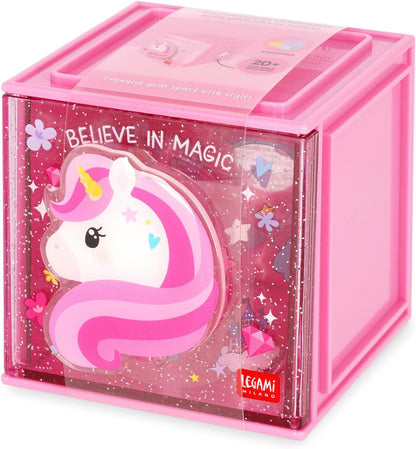 Legami - Cutie Cubes Desk Modular Box, Unicorn Theme, Desk Organizer, Storage Box, Sticker Sheet Included, Stackable, Multifunctional, ABS, 90 x 90 x 100 cm