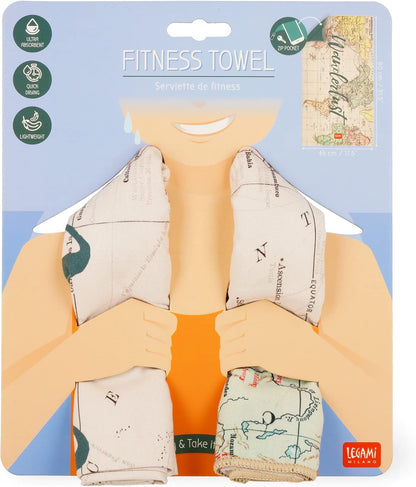 Legami - Fitness Towel, Gym Towel, Microfibre Towel, with Zipped Pocket, with Elastic, Compact, Quick Drying, Ultra Absorbent, Ultra Light, for Sports, 45 x 80 cm, Travel Theme