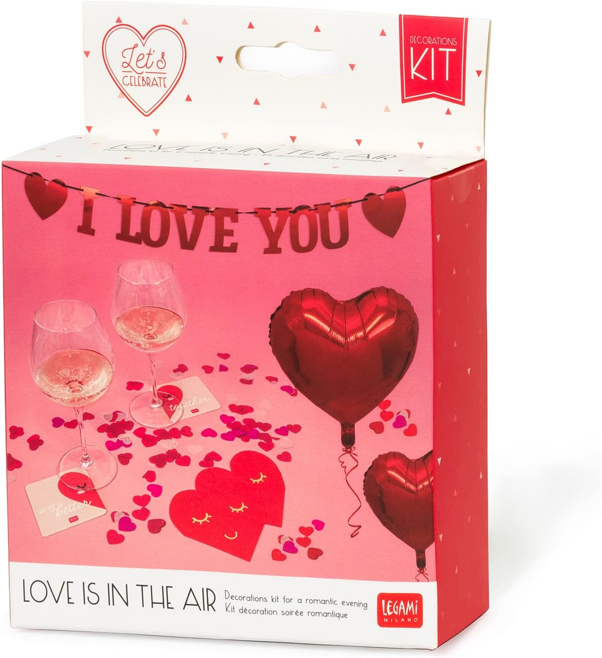 Legami - Romantic Evening Decoration Set, Paper Garland, 2 Heart Card Coasters, 5 Balloons, 2 Paper Napkins, Two-Tone Paper Confetti